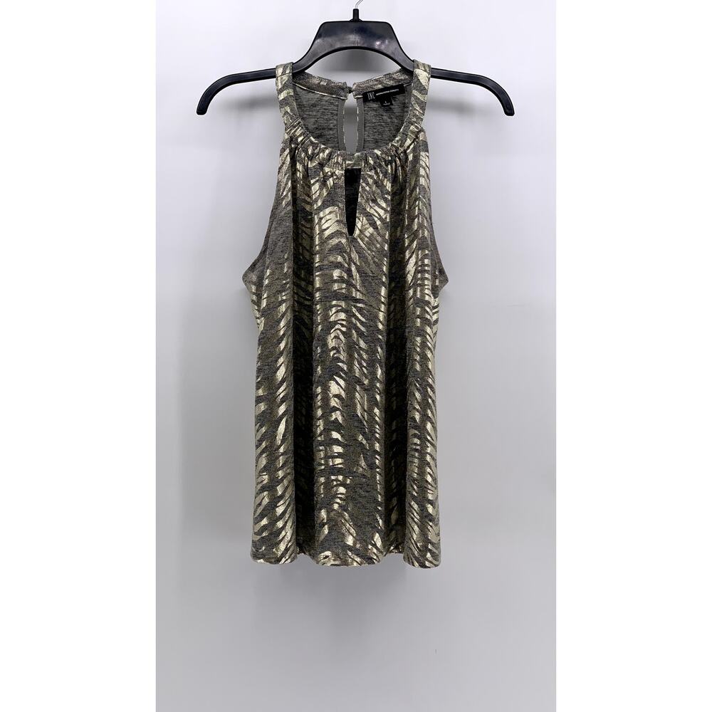 INC INTERNATIONAL CONCEPTS Women's Gray-Gold Metallic Animal Print Top SZ L